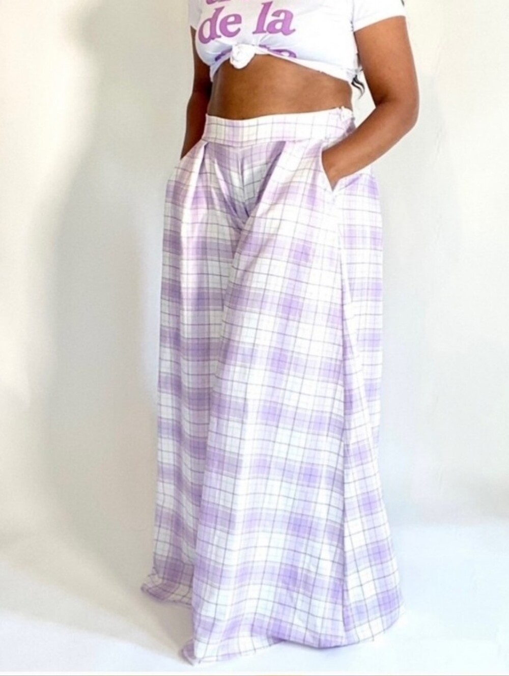 Nylon Apparel Lavender Plaid Wide-Leg Pants Large